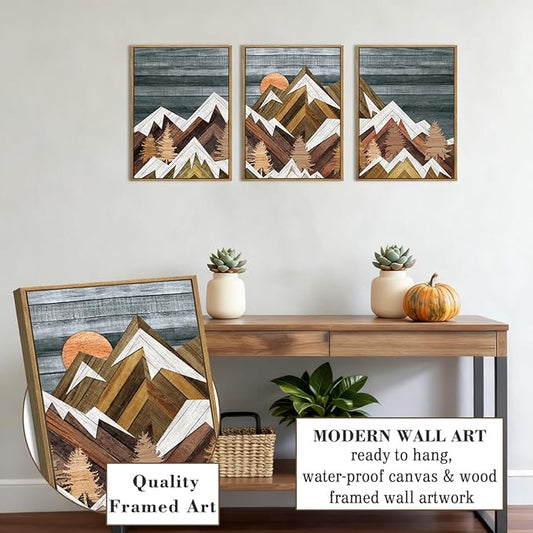 Framed Mountain Wall Art Boho Mountain Wall Decor Modern Nature Artwork 12" Lx16 W Set of 3 for Living Room Bedroom Office