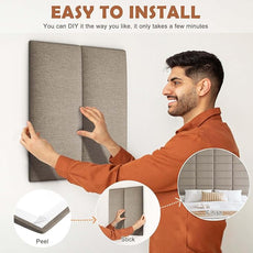 IFNOW Upholstered Wall Mounted Headboard, 3D Soundproof Wall Panels Peel and Stick for King Size, Reusable and Removable Tufted Bed Headboard in Linen (12 Panels, 10