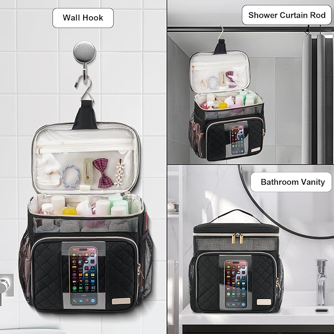 Portable Shower Caddy (Full Size Bottle Compatible),Travel Shower Tote Bag with Quick Dry Mesh Base,Hanging Toiletry Cosmetic Bag for Gym,College,Camping & Dorm, Black