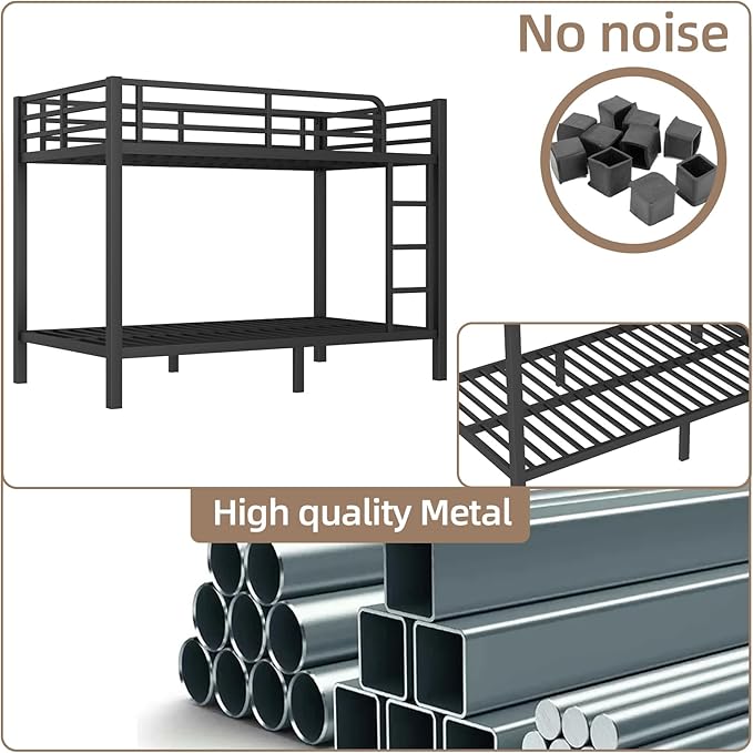 Twin Over Twin Bunk Bed, Metal Bunk Bed Frame Heavy Duty Bunk Beds Loft Bed Frame with Ladder and Guardrail Metal Slats No Box Spring Required for Adults Teens, Black