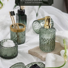 EMPO 6PCS Bathroom Clear Glass Accessories Set (Lotion Soap Dispenser, Soap Dish, Toothbrush Holder, Tumbler, Cotton Swab Jar), Contemporary Modern Decor Crystal Vintage Gift (6pcs Green)