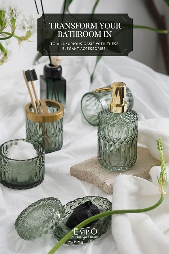 EMPO 6PCS Bathroom Clear Glass Accessories Set (Lotion Soap Dispenser, Soap Dish, Toothbrush Holder, Tumbler, Cotton Swab Jar), Contemporary Modern Decor Crystal Vintage Gift (6pcs Green)