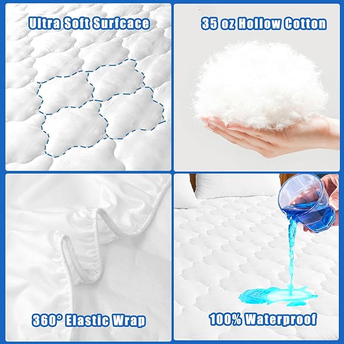 Waterproof Mattress Protector King Size, 6''-21'' Deep Pocket Fitted Quilted Mattress Pad Cover, Breathable, Hollow Cotton Alternative Filling Mattress Pad Cover, King Size
