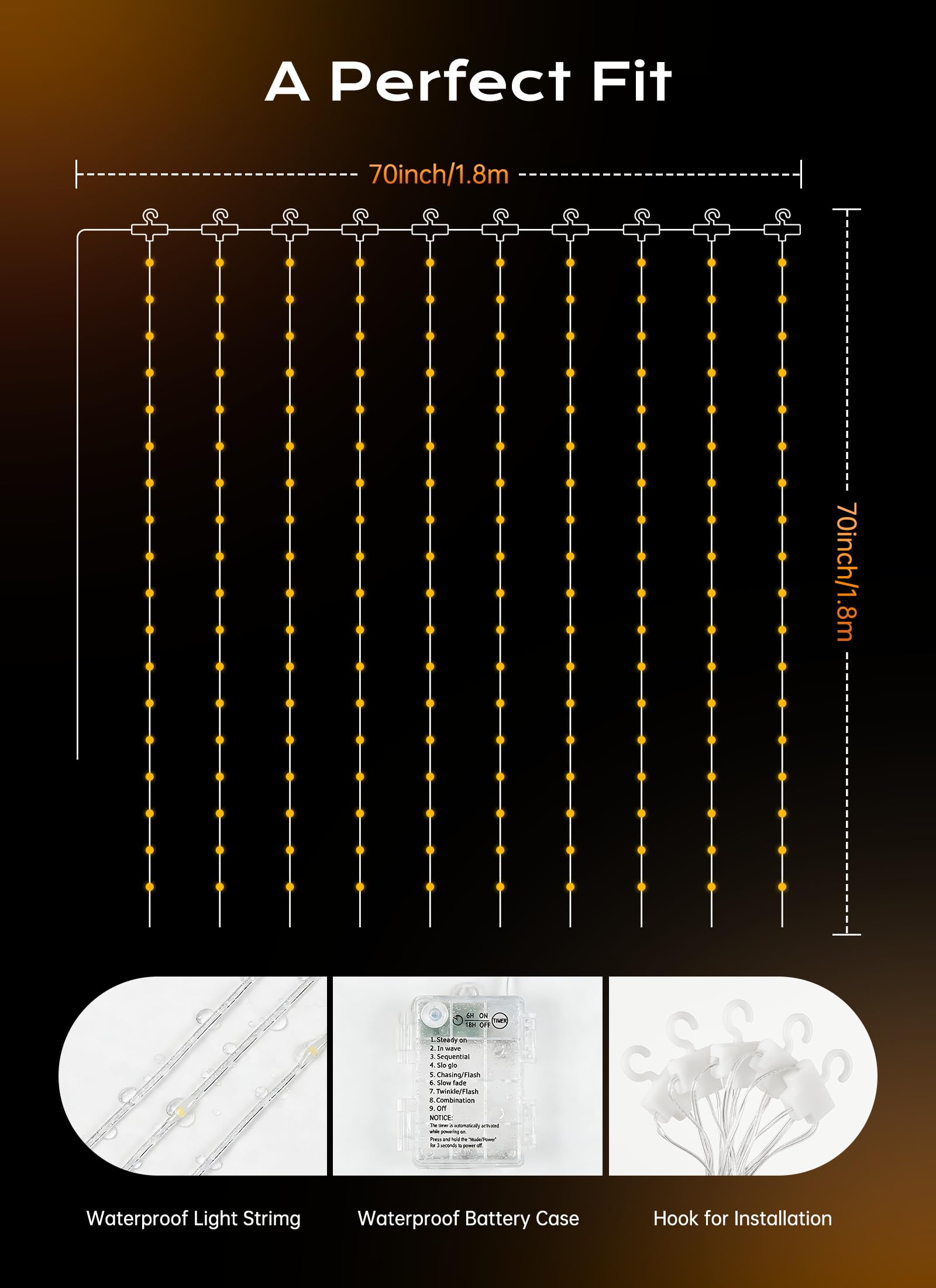 Brightown 300 LED Fairy Curtain Lights, 9.8ft x 9.8ft Warm White Curtain String Lights, USB Plug in 8 Lighting Modes Christmas Decoration, Hanging Lights with Remote for Bedroom Indoor Weddings Dorm