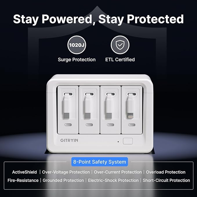 Gitryin 12-in-1 Desktop Charging Station with 3 Retractable Type-C Chargers and 1 Lightning Charger, 40W USB-C Power Strip with 33.5in Cable, Extension Cord with 1020J Surge Protection for Home Office