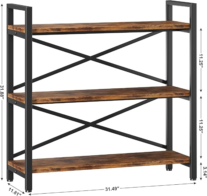 3 Tier Bookshelf 31.49" Width, Wood and Metal Etagere Bookcase, Vintage Farmhouse Modern Wooden Big Book Shelf for Home Living Room Bedroom Office Storage(Rustic Brown)