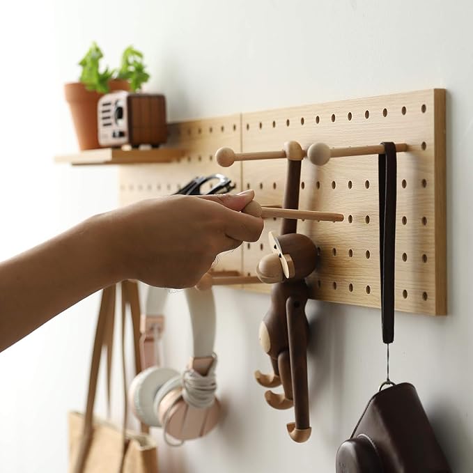 Wooden Pegboard Modular Display Organization Storage Wall Hooks Shelf(Color:Oak)