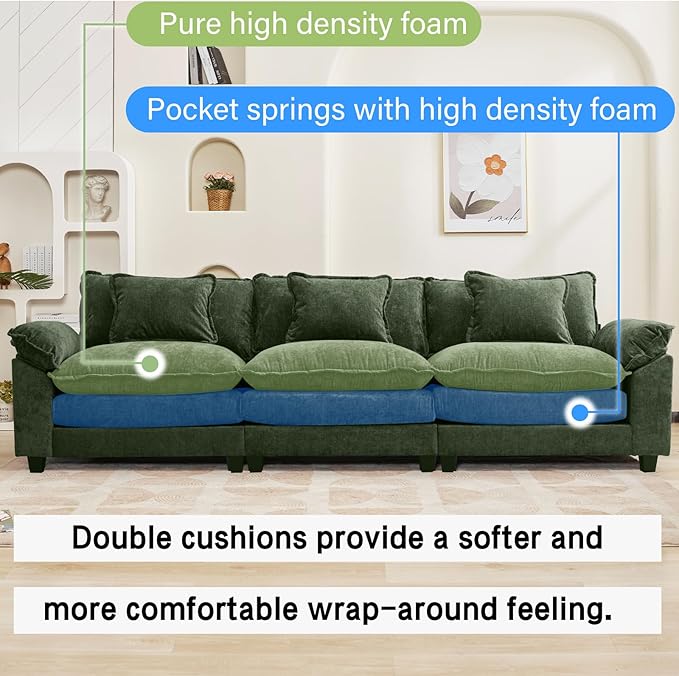 120" Modular Sectional Sofa, Comfy Cloud Couch Sectional, Chenille Sofa Sleeper Deep Seat Sofa with Throw Pillows for Living Room (Green, 120"- 3 Seater)