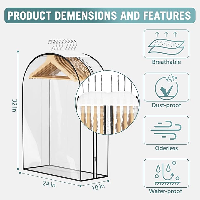 Clear Garment Bag for Hanging Clothes 10” Gusseted, 32” Suit Bags for Open Closet Storage Plastic Clothes Cover for Coat, Dress, Shirts, Fur, Jacket, Wardrobe Protectors, 4 Pack