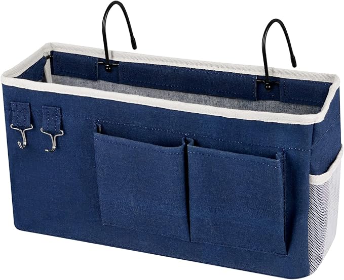 Bedside Storage Caddy/Bedside Hanging Storage Bag for Headboards Bunk Beds Dorm Rooms Book Phone Magazine Holder (Navy Blue)