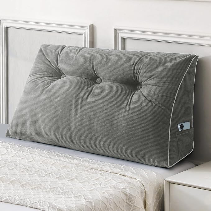 Sasttie Headboard Pillow Twin/Twin XL, Wedge Pillow Headboard for Dorm, Triangular Daybed Backrest Cushion for Sitting or Reading in Bed, with Removable Washable Cover, Light Grey