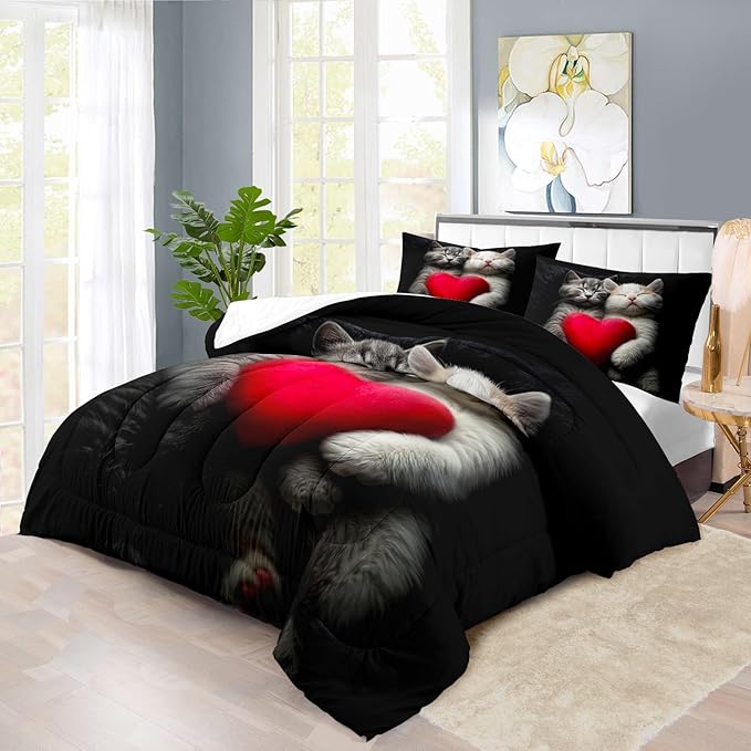 Cute Cat Comforter Set King,Kawaii Cat Bedding Set for Girls,Cute Animal Comforter Red Love Heart Bedding Decor,Kawaii Farm Animal Quilt Patterns Kids and Adults