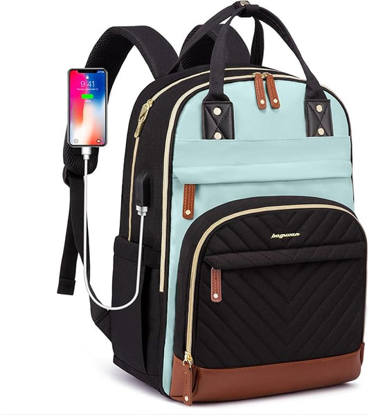 Laptop Backpack for Women Work Bookbag: 15.6 Inch College Backpacks with USB Charger School Bag Waterproof Travel Computer Back Pack Anti-Theft Casual Bookbags for Girls Teacher Nurse Black-Light-Blue