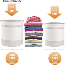 OIAHOMY 80L Laundry Basket, Laundry Hamper, Cotton Rope Storage Basket with Handles, Decorative Woven Basket for Living Room,Storage Baskets for Clothes, Blankets, and Toys -20''×18'', White&Gray