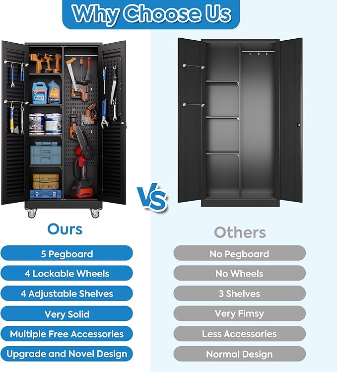 SUXXAN Broom Closet with Wheels 71"x 31.5"x15.75", Metal Cleaning Cabinets with Louvered Doors Hooks and Hanging Rods, Lockable Cabinet with Pegboard, Adjustable Shelf,for Garage, Laundry Room