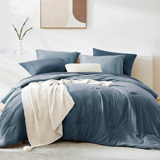 WRENSONGE Queen Comforter Set- 7 Pieces Soft Oxford Blue Bed in a Bag with Fitted Sheet, Flat Sheet, 2 Pillow Shams, and 2 Pillowcases- Warm Bedding Sets Queen for All Season