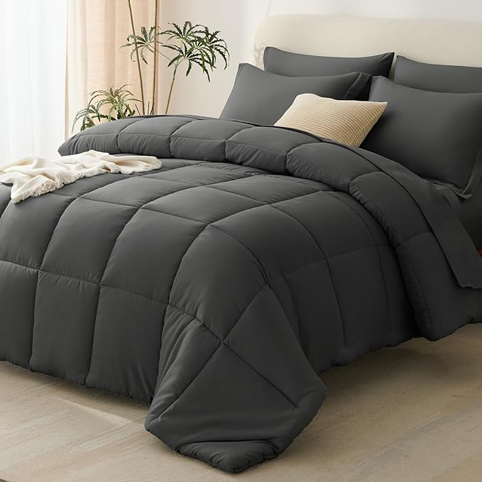 CozyLux King Size Comforter Set Dark Grey - 7 Pieces Bed in a Bag King, Okeo-Tex Certifited Bedding Set, All Season Soft Bed Set with Down Alternative Comforter, Sheets, Pillowcases & Pillow Shams