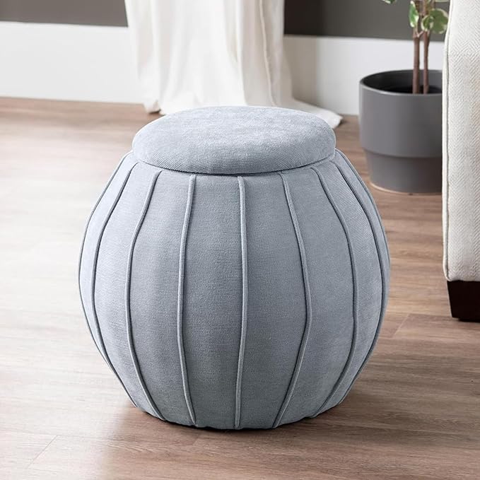 Crestview Collection 18" Foot Stool Ottoman, Round Storage Ottoman Removable Seat, Fabric Round Foot Rest, Vanity Stool, Extra Seating for Living Room, Bedroom, Entryway(Blue Grey)
