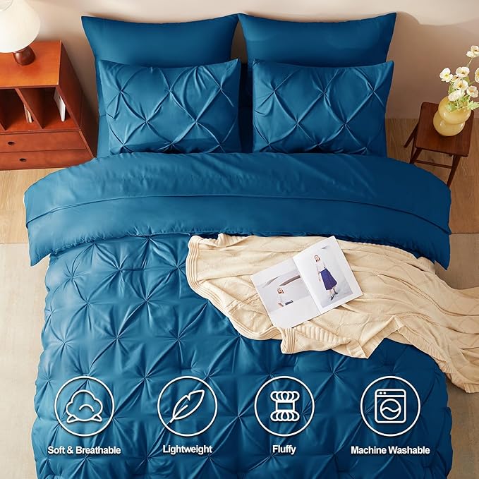 CozyLux King Size Comforter Set Teal, 7 Pieces Pintuck Bed in A Bag Teal Comforter King Size, Pinch Pleat Bedding Set with All Season Comforter, Sheets, Pillowcases & Shams