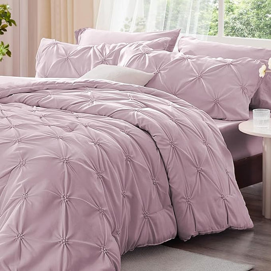 BEDELITE Light Purple Twin Comforter Set - 2 Peices Boho Pintuck Bedding Comforter Sets, Lightweight Soft & Warm Twin Bedding Sets with 1 Pillowcase for All Season