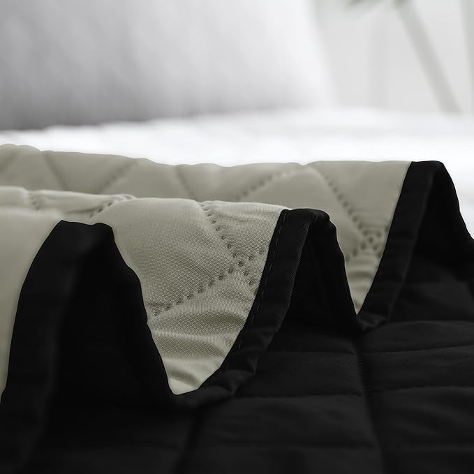 Easy-Going Full/Queen Size Reversible Quilt Set with 1 Quilt and 2 Pillow Shams, Soft Bed Quilt Cover, Water Resistant Lightweight Microfiber Bedspread, Stain Resistant, Black/Beige