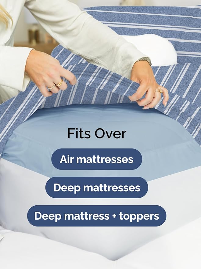 Extra Deep Pocket Cal King Sheets - 4 Piece Breathable & Cooling Bed Sheets - Hotel Luxury Bed Sheet Set - Soft, Wrinkle Free & Comfy - Easily Fits Extra Deep Mattresses - Blue Striped Sheets Set