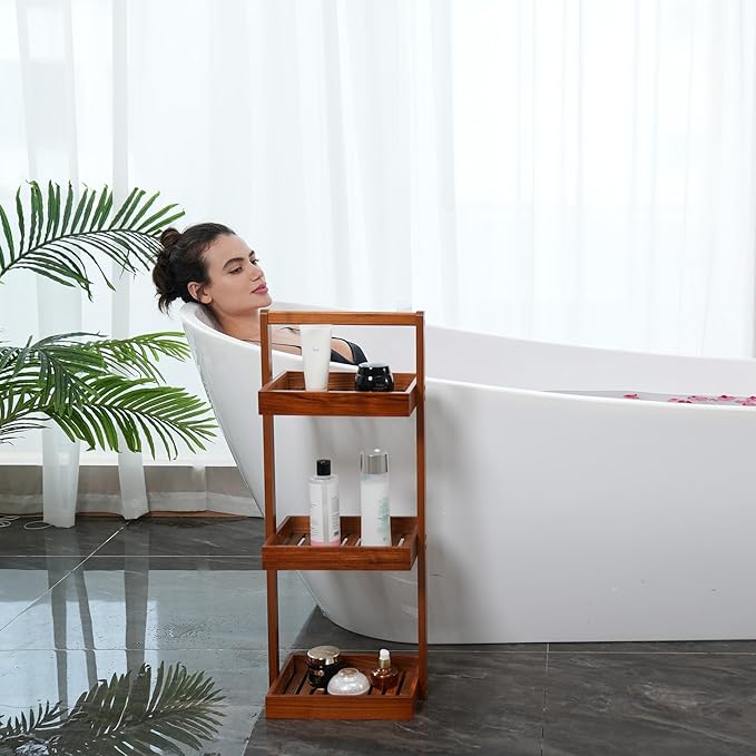 Utoplike Teak Shower Caddy Corner, 3 Tier Standing Shower Organizer Shelf with Handle, Wood Bathroom Stand Up Caddy Basket for Shampoo, Rack for Inside Shower, Bath, Office, Kitchen Desktop
