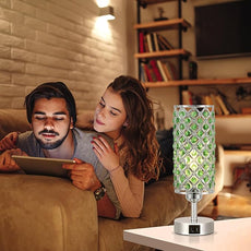 Hong-in Green Crystal Table Lamp - 3-Way Dimmable Touch Control, Bedside Lamp with USB C and A Ports, Nightstand Light for Living Room, Bedroom, Home Office (Bulb Included)