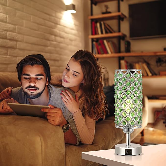 Hong-in Green Crystal Table Lamp - 3-Way Dimmable Touch Control, Bedside Lamp with USB C and A Ports, Nightstand Light for Living Room, Bedroom, Home Office (Bulb Included)