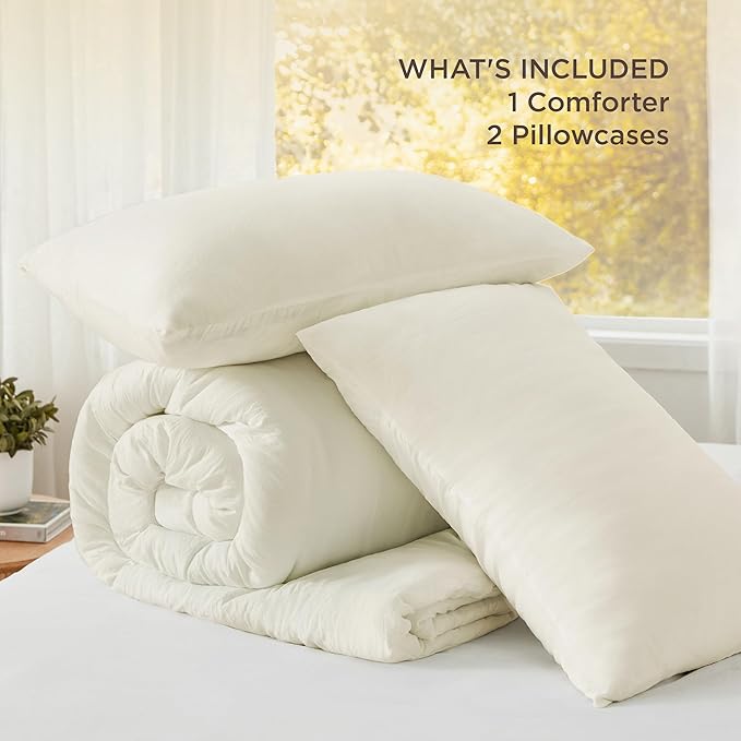 Bedsure Queen Size Comforter Set, Ivory Soft Prewashed Bedding for All Seasons, 3 Pieces GentleSoft™ Warm Down Alternative Bed Set, 1 Lightweight Comforter (90"x90") and 2 Pillowcases (20"x26")