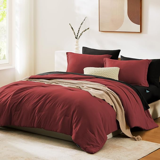 WRENSONGE Queen Comforter Set- 7 Pieces Soft Bright Red Bed in a Bag with Fitted Sheet, Flat Sheet, 2 Pillow Shams, and 2 Pillowcases- Warm Bedding Sets Queen for All Season