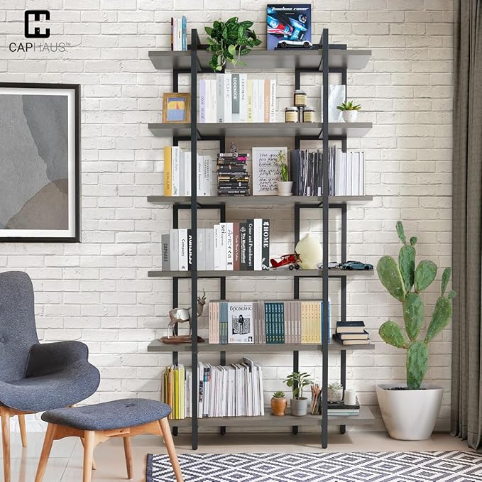 CAPHAUS 6-Tier Book Shelf, 86" H Vintage Industrial Bookcase with Open Display Shelving, Wooden and Metal Shelving Unit, Bookshelves and Bookcases, Stand Shelf for Bedroom, Dark Grey