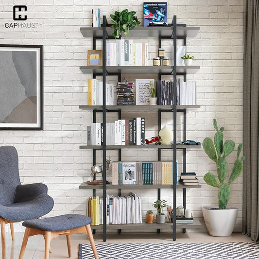 CAPHAUS 6-Tier Book Shelf, 86" H Vintage Industrial Bookcase with Open Display Shelving, Wooden and Metal Shelving Unit, Bookshelves and Bookcases, Stand Shelf for Bedroom, Dark Grey