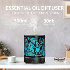Essential Oil Diffusers 300ML Metal Aromatherapy Oil Diffusers for Large Room,Butterflies & Flower Ultrasonic Cool Mist Diffuser with Waterless Auto Shut-Off Protection, for Home Office SPA Yoga