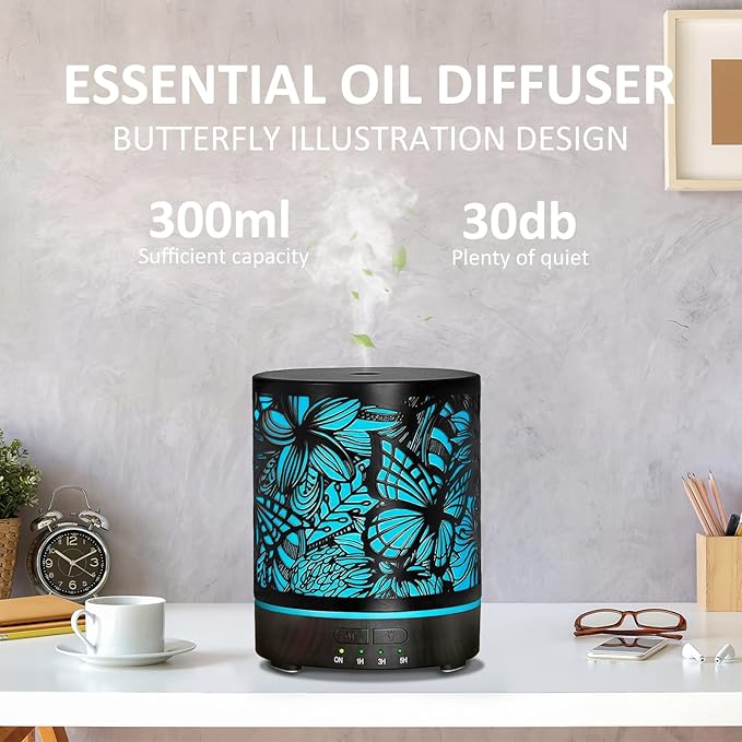 Essential Oil Diffusers 300ML Metal Aromatherapy Oil Diffusers for Large Room,Butterflies & Flower Ultrasonic Cool Mist Diffuser with Waterless Auto Shut-Off Protection, for Home Office SPA Yoga