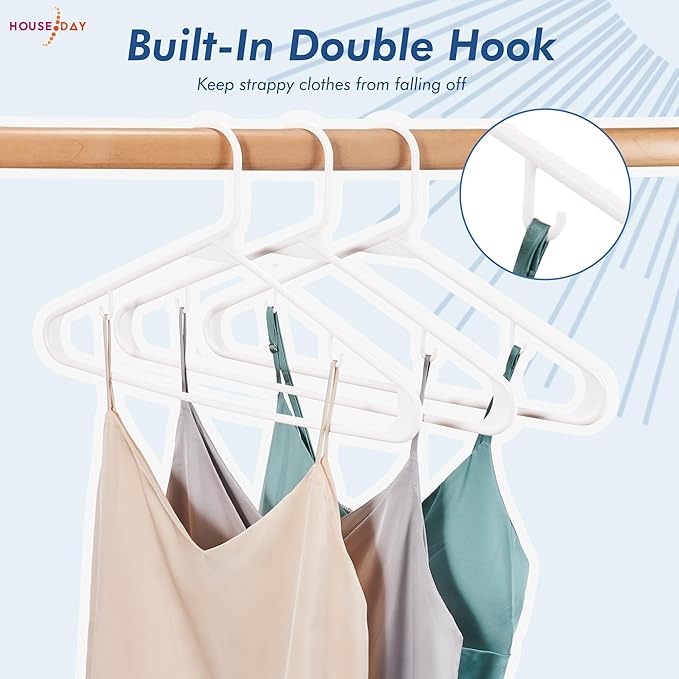 HOUSE DAY White Plastic Hangers 50 Pack, Plastic Clothes Hangers with Built-in Hooks, Durable and Strong Plastic Coat Hangers for Closet, Space Saving Clothing Hanger for Shirts, Coats, Skirt, Dress