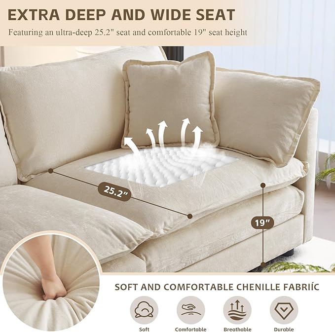 SoarFlash Chenille Sectional Sofa, Comfy L Shaped Modular Coush Sofa with Ottoman, Modern 3 Seat Couch Deep Seat Sofa Set for Living Room,Light Coffee