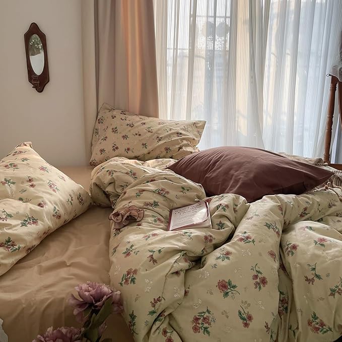 mixinni Vintage Floral Duvet Cover Twin XL Size - 3 Piece 100% Cotton Cottagecore Red Flowers & Green Leaves Bedding, Soft Botanical Comforter Cover & Pillowcases, Aesthetic Spring Bed Set for Girls