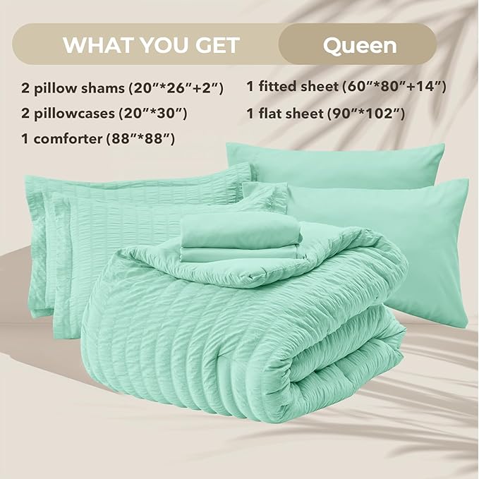 HYMOKEGE Mint Green Queen Comforter Set Seersucker 7 Pieces, All Season Luxury Bed in a Bag Queen for Bedroom, Bedding Set with Comforter, Sheets, Pillowcases & Shams
