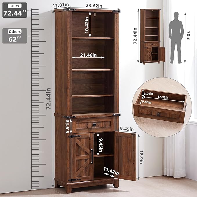 72in Tall Bookshelf 7 Tier Bookcase with Drawer and Barn Doors and Adjustable Shelves, Brown Farmhouse Book Shelf with Storage Cabinet, Wood Freestanding Display Bookshelves for Kitchen (3PCS)