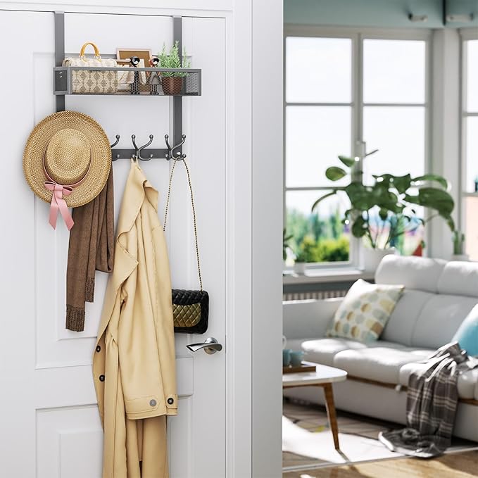 Consumest Over The Door Hooks Organizer - Over Door Hanger with 16 Hooks & 2 Baskets for Hanging Coat, Clothing, Towel, Hanging Organizer for Bathroom, Closet, College Dorm, Grey