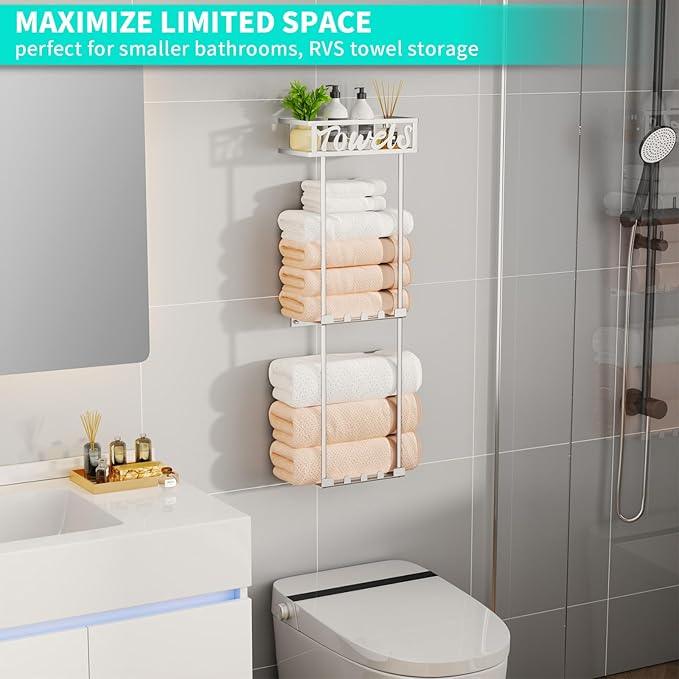 HapiRm Towel Rack Bathroom Storage - 3 Tier Over The Door & Wall Mounted Rolled Towel Racks Holder Organizer with Metal Shelf and 6 Hooks for Small Bathroom, Camper, Rv - Sliver