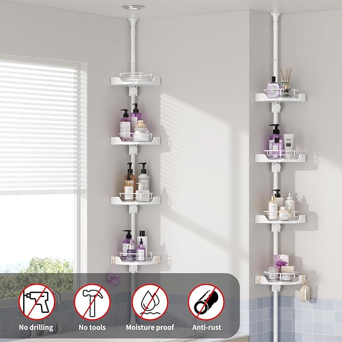 Corner Shower Caddy Tension Pole, 4 Tiers Rotating Shower Organizer for Bathroom Shelf Bathtub, Adjustable Standing Shower Rack Bathroom Accessories, Easily Assemble, 34-124 Inch Height,White