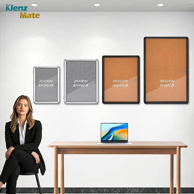 20"x14" Enclosed Cork Bulletin Board Tamper-Proof Dispaly Case,Grey Fabric&Aluminium Frame,Shatter Resistant Lockable Bulletin Board with Clear Acrylic Door for School,Office,Mall,Community,Hospital