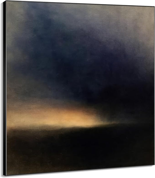 60"x60" XL Framed Wall Art - Moody Abstract Landscape Dark Blue and Golden Horizon Minimalist Foggy Forest Tranquil (Frame Assembly Required)