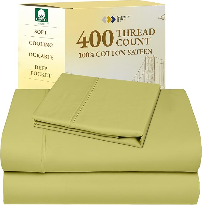 California Design Den Twin XL Sheet Sets - 400 Thread Count Sateen, 100% Cotton Sheets Twin XL, Deep Pockets, and Durable Bedding for Dorm Rooms & Adults - Celery Green CaliforniaDesignDen