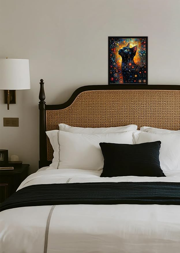 Monet Style Black Cat Wall Art Prints Cat Looking Up At The Stars Poster Canvas Art Wall Decor Picture For Bedroom Office Bathroom Wall Decor Aesthetic Home Artwork 8" × 10" With Framed