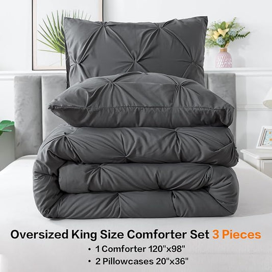 Andency Dark Gray Oversized King Comforter Set (120x98Inch), 3 Pieces Lightweight Pinch Pleat Cal King Bedding Comforters & Sets, Oversized Pintuck Soft Fluffy Down Alternative Bed Set for All Season