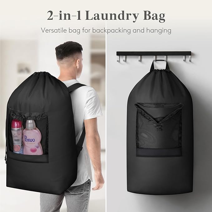 Lifewit 90L Laundry Bag, Extra Large Laundry Backpack with Shoulder Straps and Mesh Pocket for Laundromat, Heavy Duty Laundry Bag Backpack for Dirty Clothes for College Dorm/Travel/Apartment, Black