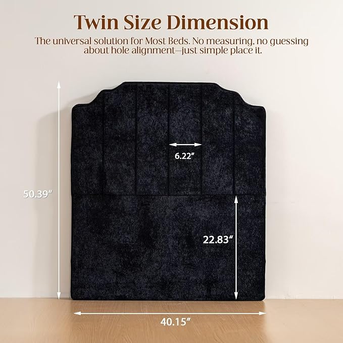 Twin Headboard Only - Black Velvet Upholstered Headboard for College Dorm, No Assembly Required, Pure Sponge Design, Place Between Bed & Wall, Vertical Stripe with Stepped Crown Top Edge